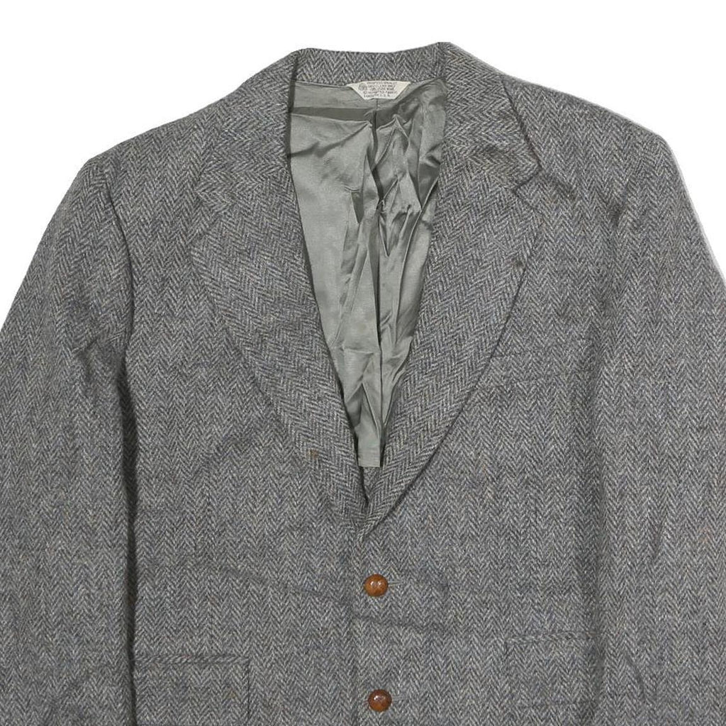 Mens Grey Button Cotton Classic Jacket Herringbone Pattern L L Vintage Style