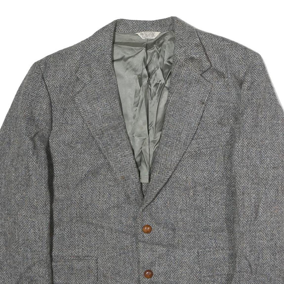 Mens Grey Button Cotton Classic Jacket Herringbone Pattern L L Vintage Style