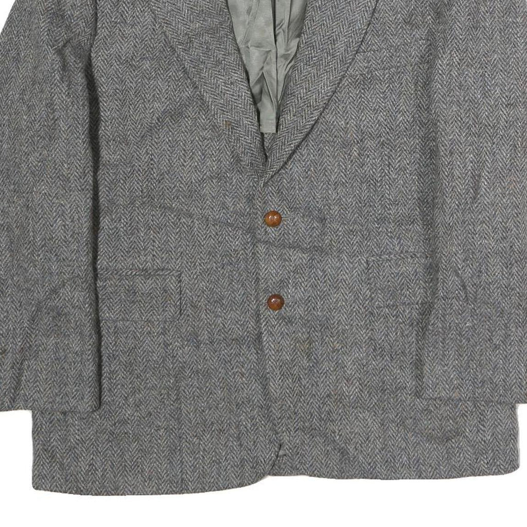 Mens Grey Button Cotton Classic Jacket Herringbone Pattern L L Vintage Style