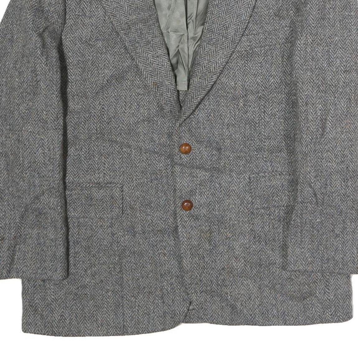 Mens Grey Button Cotton Classic Jacket Herringbone Pattern L L Vintage Style