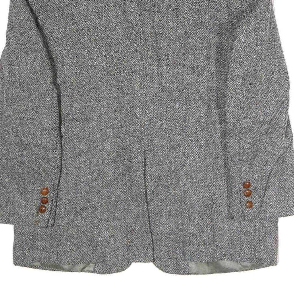 Mens Grey Button Cotton Classic Jacket Herringbone Pattern L L Vintage Style