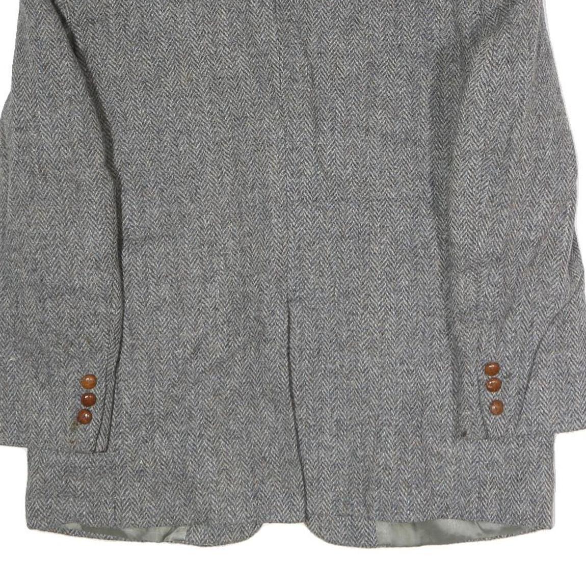 Mens Grey Button Cotton Classic Jacket Herringbone Pattern L L Vintage Style