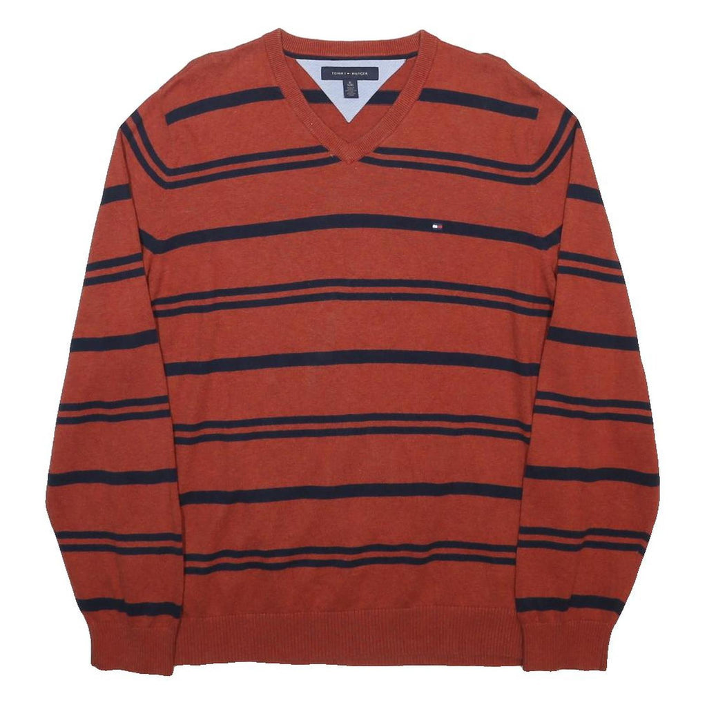 TOMMY HILFIGER Mens Rust & Navy Blue Striped Pattern V-Neck Plain Cotton Jumper
