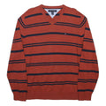 TOMMY HILFIGER Mens Rust & Navy Blue Striped Pattern V-Neck Plain Cotton Jumper