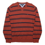 TOMMY HILFIGER Mens Rust & Navy Blue Striped Pattern V-Neck Plain Cotton Jumper