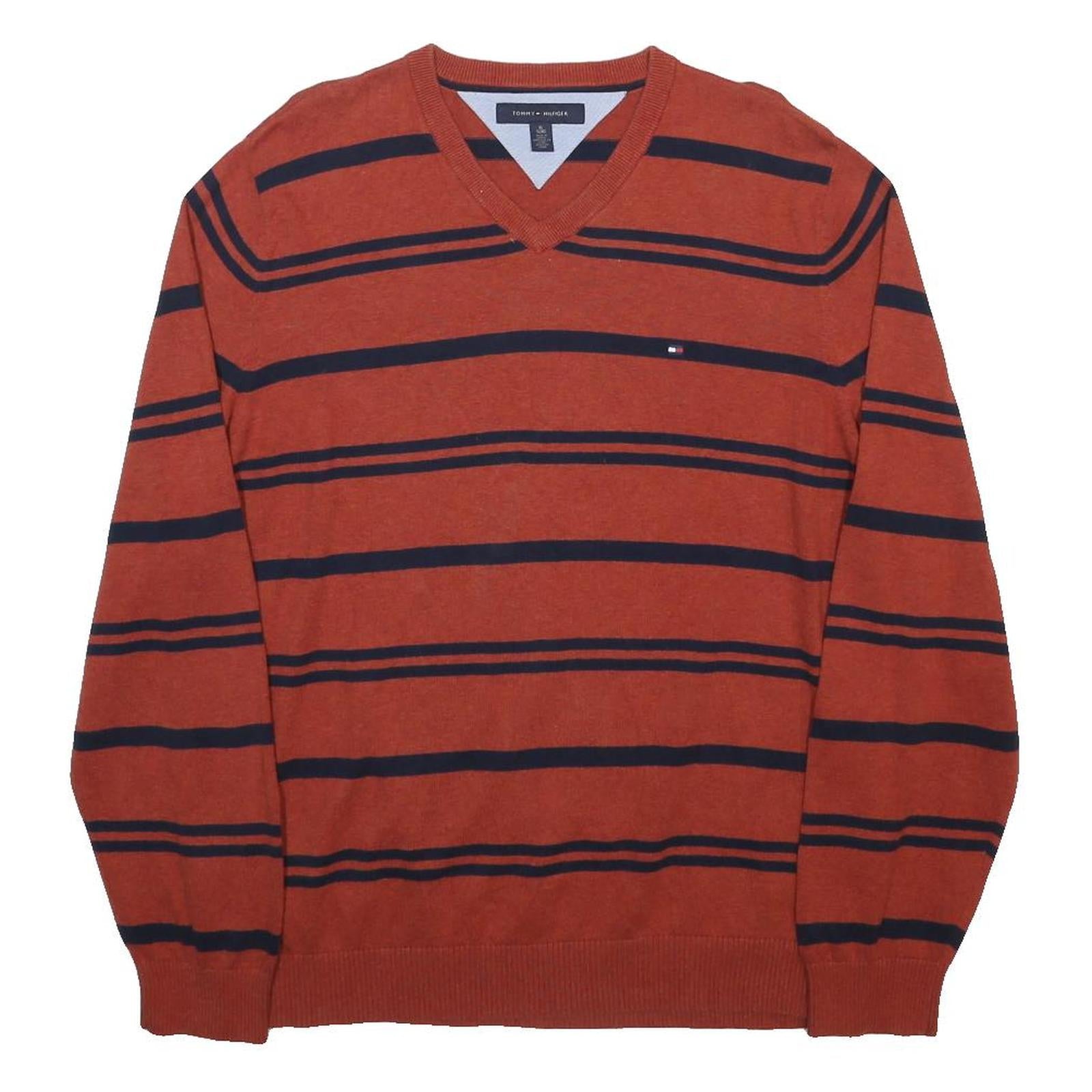 TOMMY HILFIGER Mens Rust & Navy Blue Striped Pattern V-Neck Plain Cotton Jumper