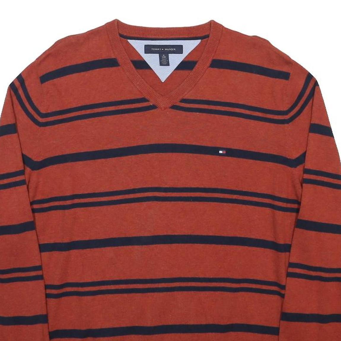 TOMMY HILFIGER Mens Rust & Navy Blue Striped Pattern V-Neck Plain Cotton Jumper