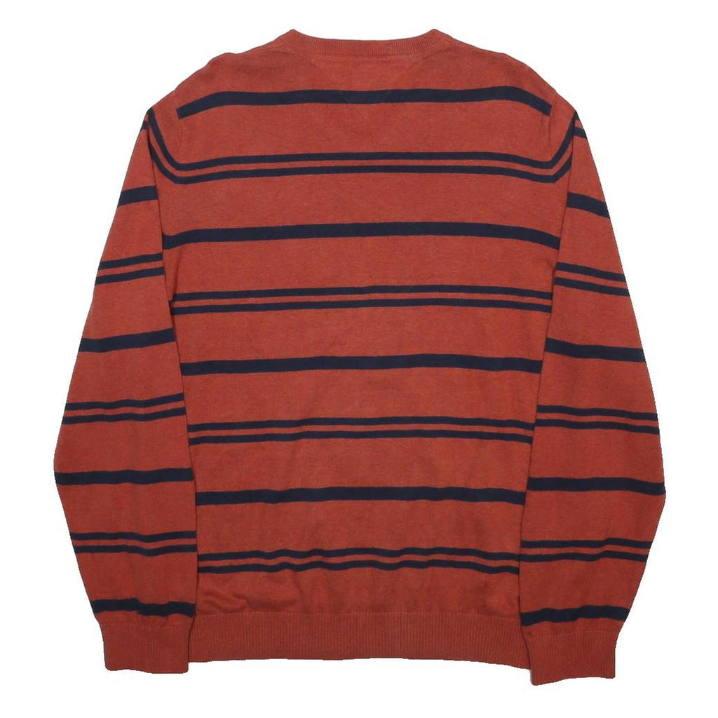 TOMMY HILFIGER Mens Rust & Navy Blue Striped Pattern V-Neck Plain Cotton Jumper