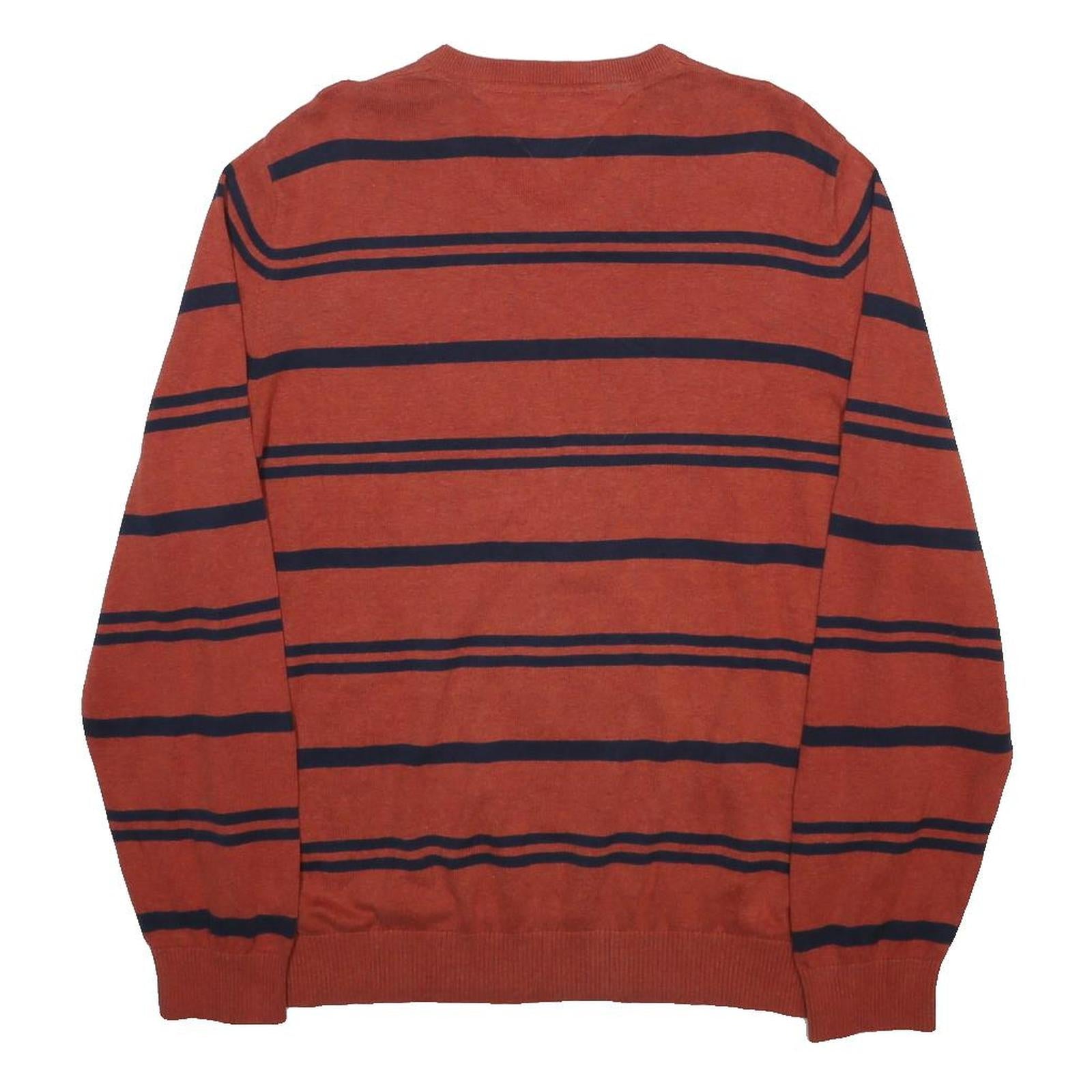 TOMMY HILFIGER Mens Rust & Navy Blue Striped Pattern V-Neck Plain Cotton Jumper