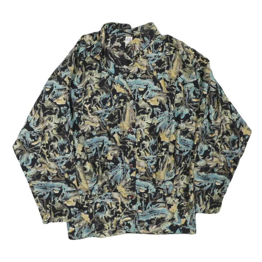 Womens Black & Blue Abstract Print Long Sleeve Button Neck Cotton Blend Top UK