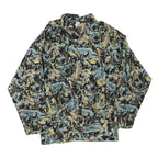 Womens Black & Blue Abstract Print Long Sleeve Button Neck Cotton Blend Top UK