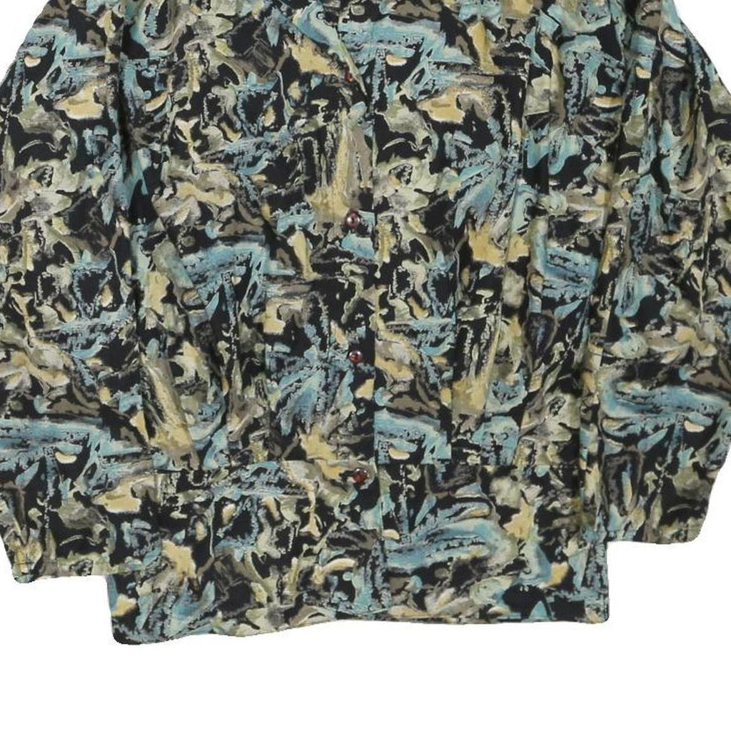 Womens Black & Blue Abstract Print Long Sleeve Button Neck Cotton Blend Top UK