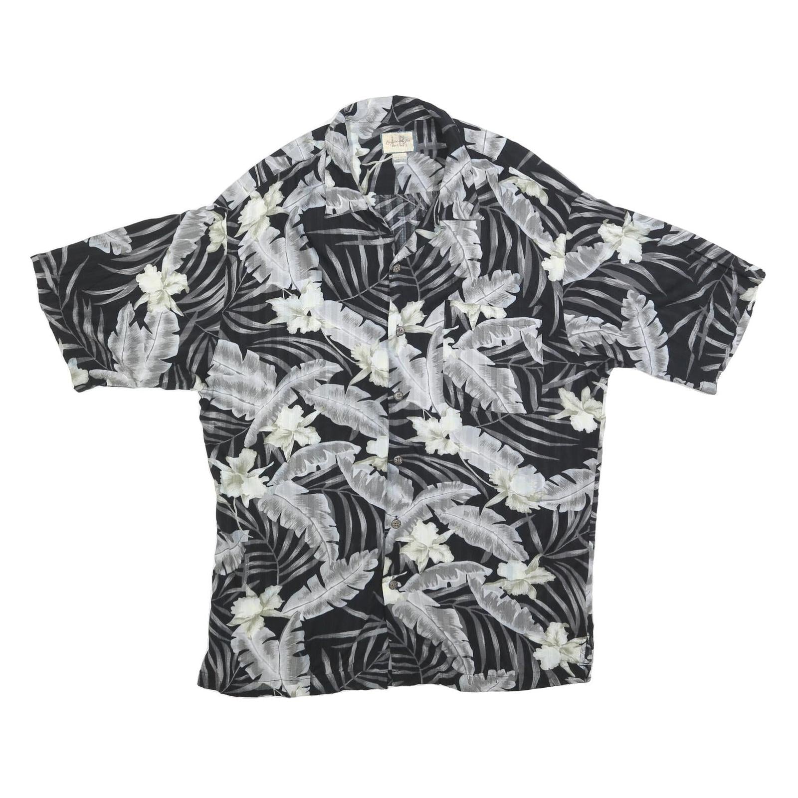 LINQUINE BARS Mens Black & Grey Rayon Hawaiian Shirt L Tropical Floral Print