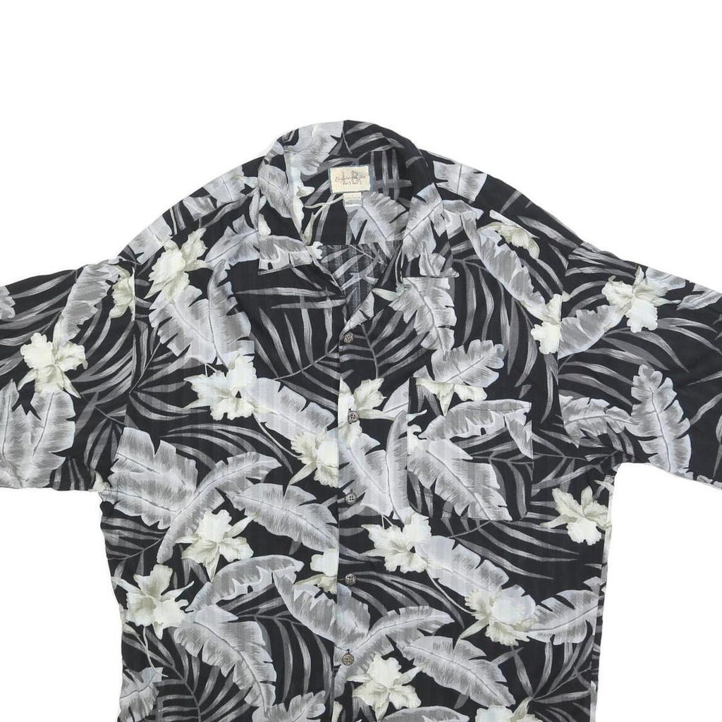 LINQUINE BARS Mens Black & Grey Rayon Hawaiian Shirt L Tropical Floral Print