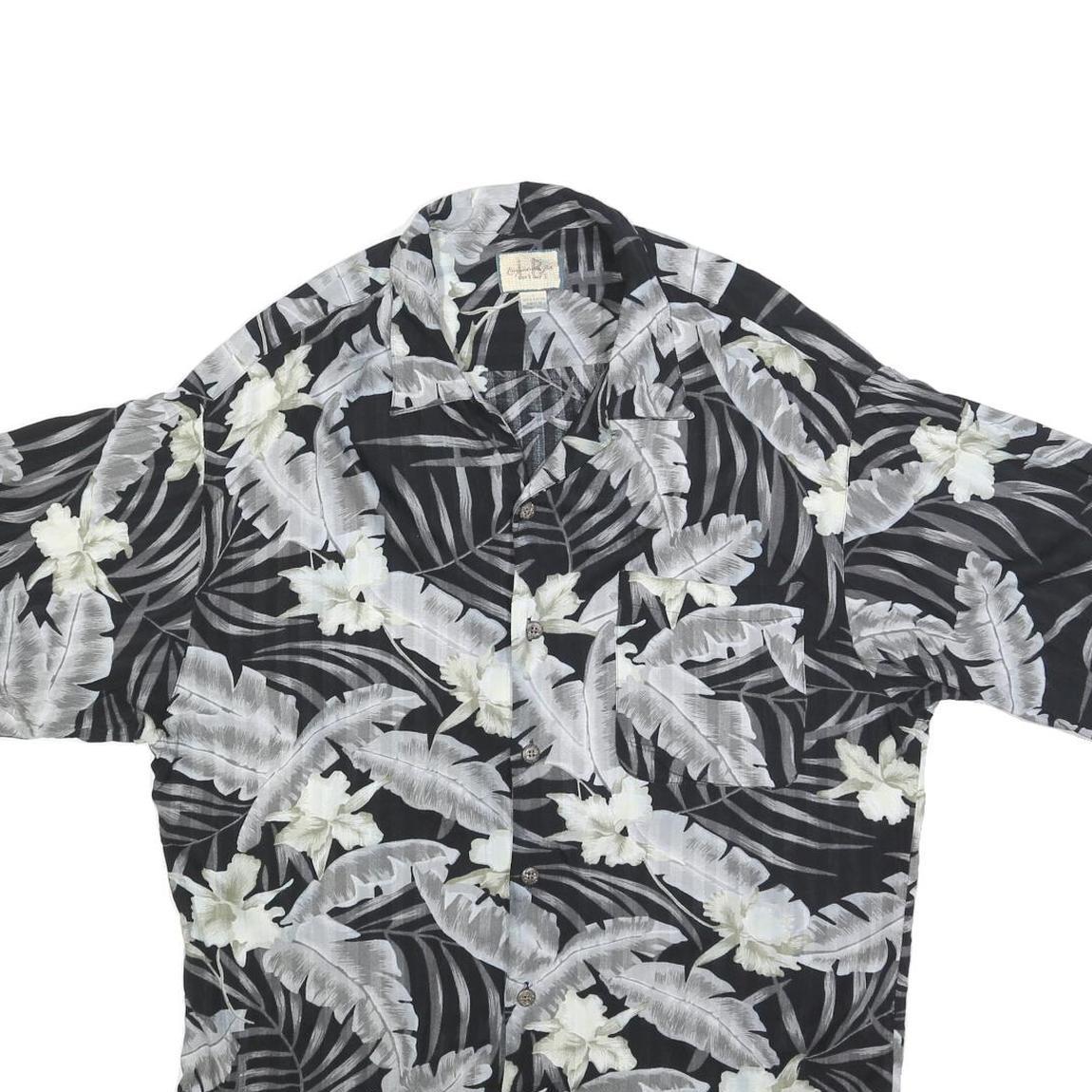 LINQUINE BARS Mens Black & Grey Rayon Hawaiian Shirt L Tropical Floral Print