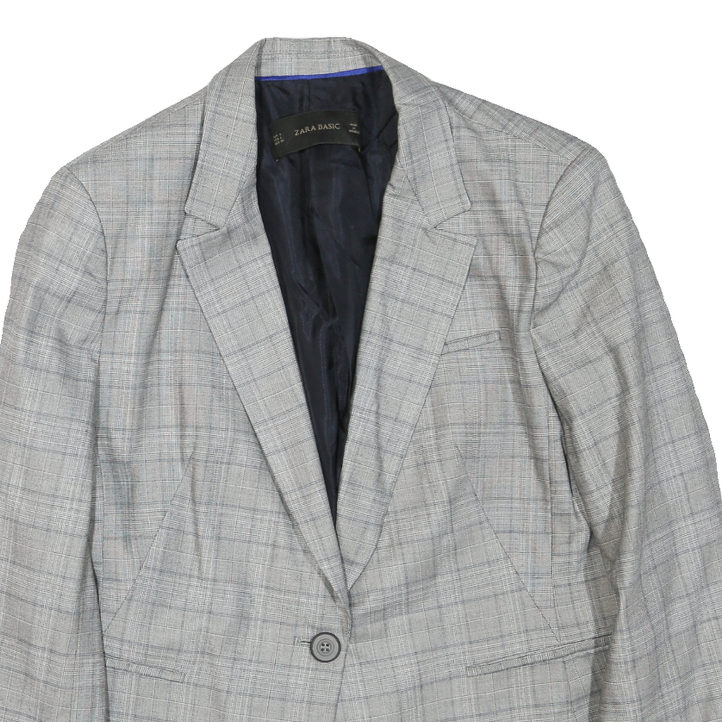 ZARA Womens Grey Checked Blazer Jacket L Cotton Blend Button Closure Classic Fit
