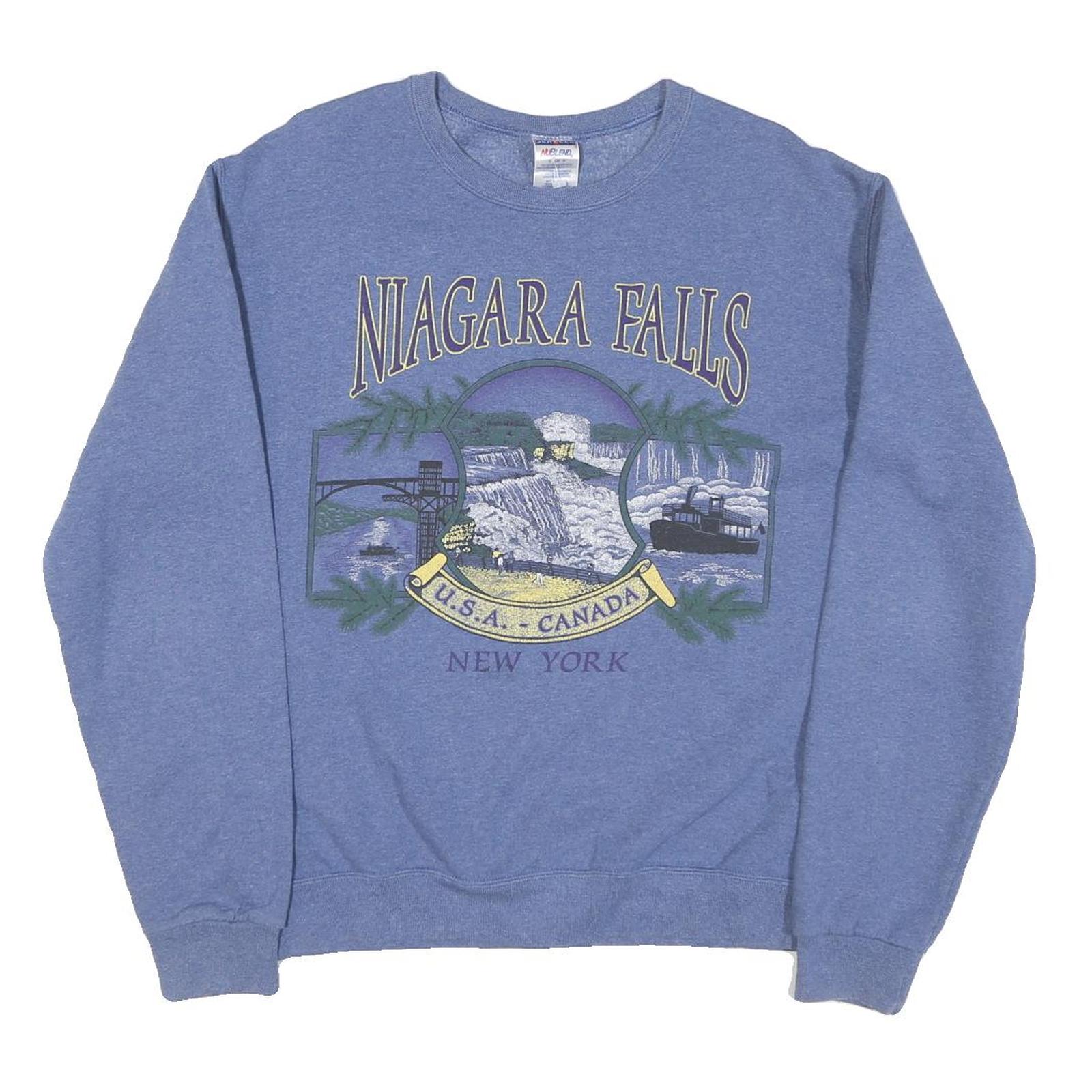 JERZEES Mens Blue Niagara Falls Crew Neck S Cotton Blend Graphic Sweatshirt
