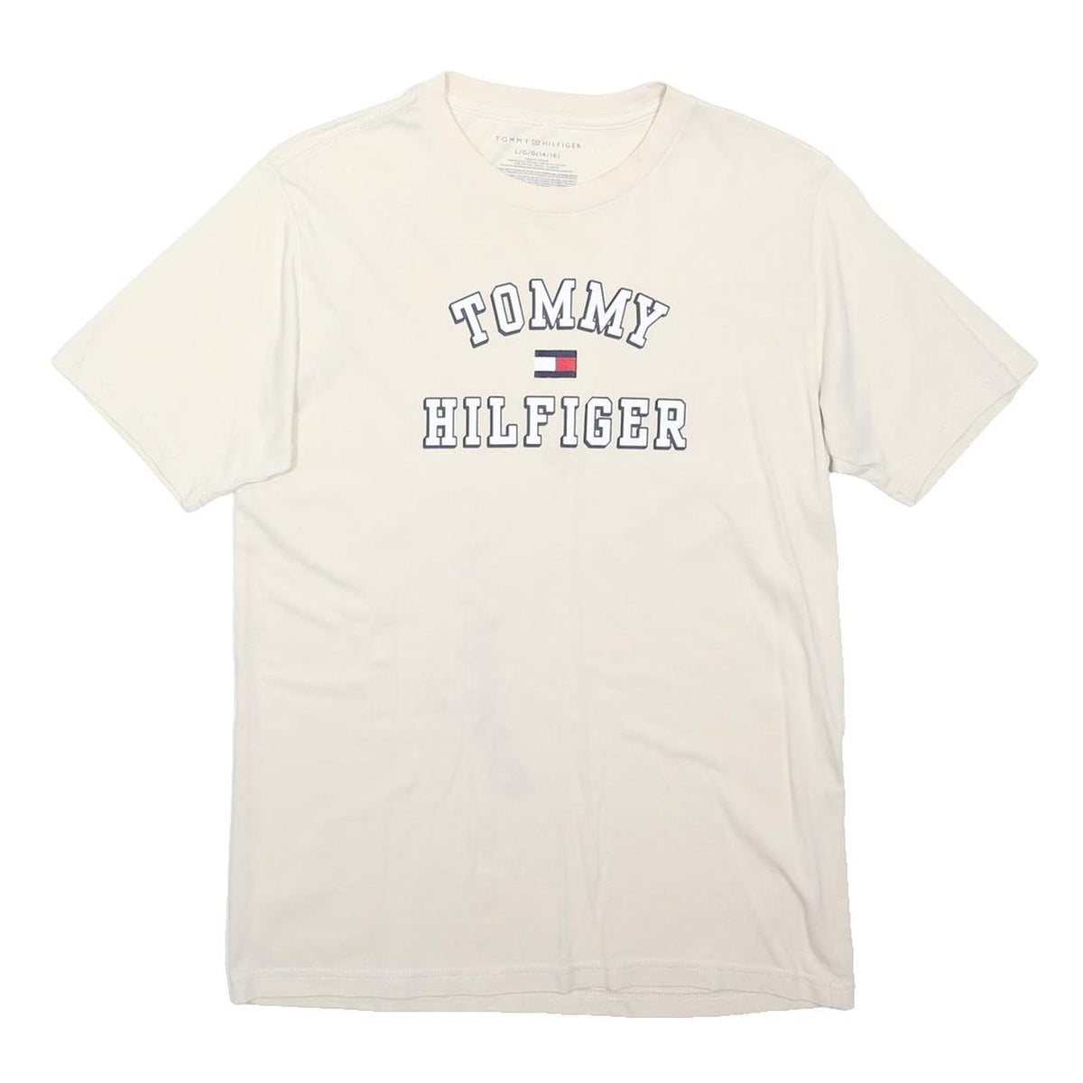 TOMMY HILFIGER Boys White Cotton Blend Graphic T-Shirt L Short Sleeve Crew Neck