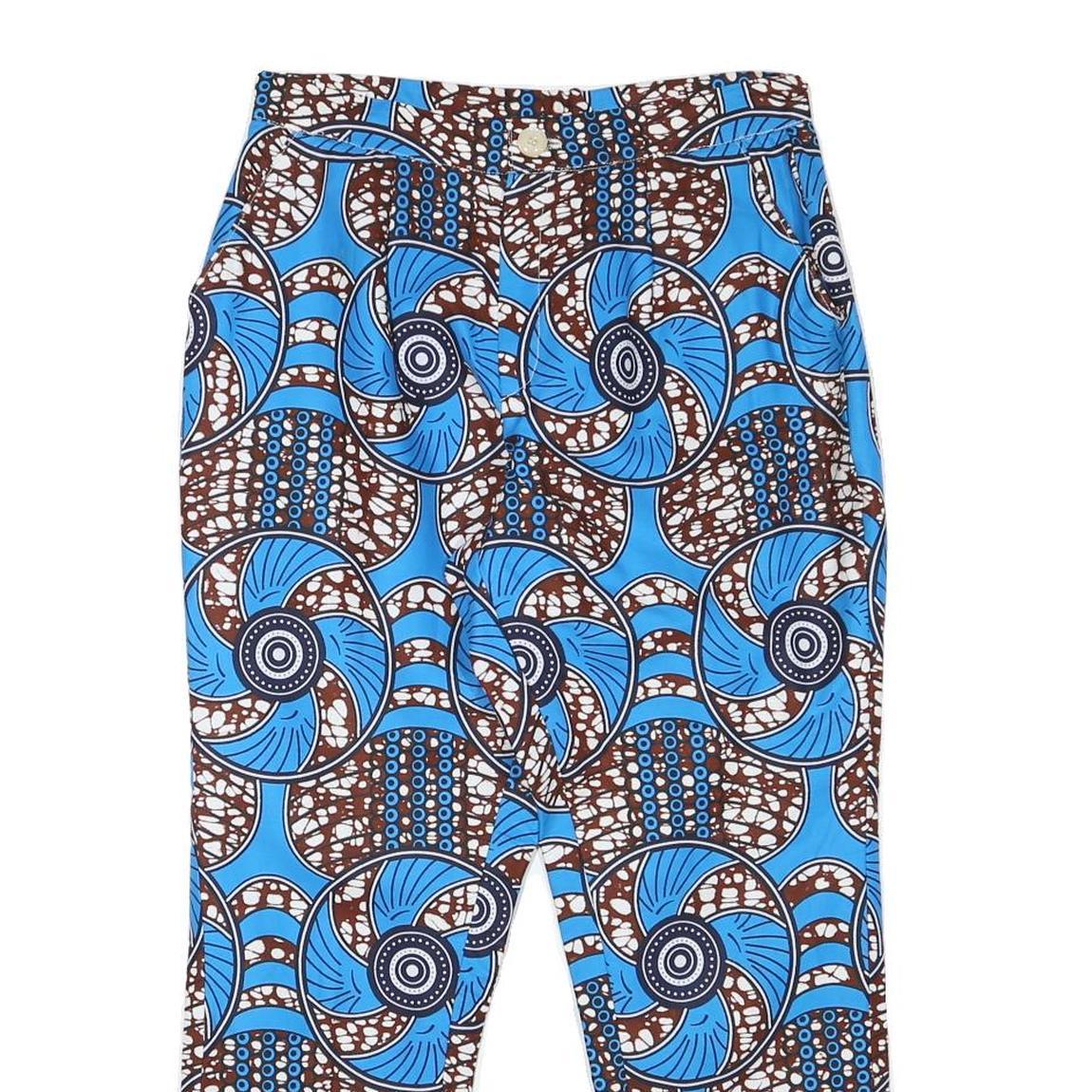 Womens Cotton Blend Blue & Brown Relaxed Straight Trousers W29 L26 Printed