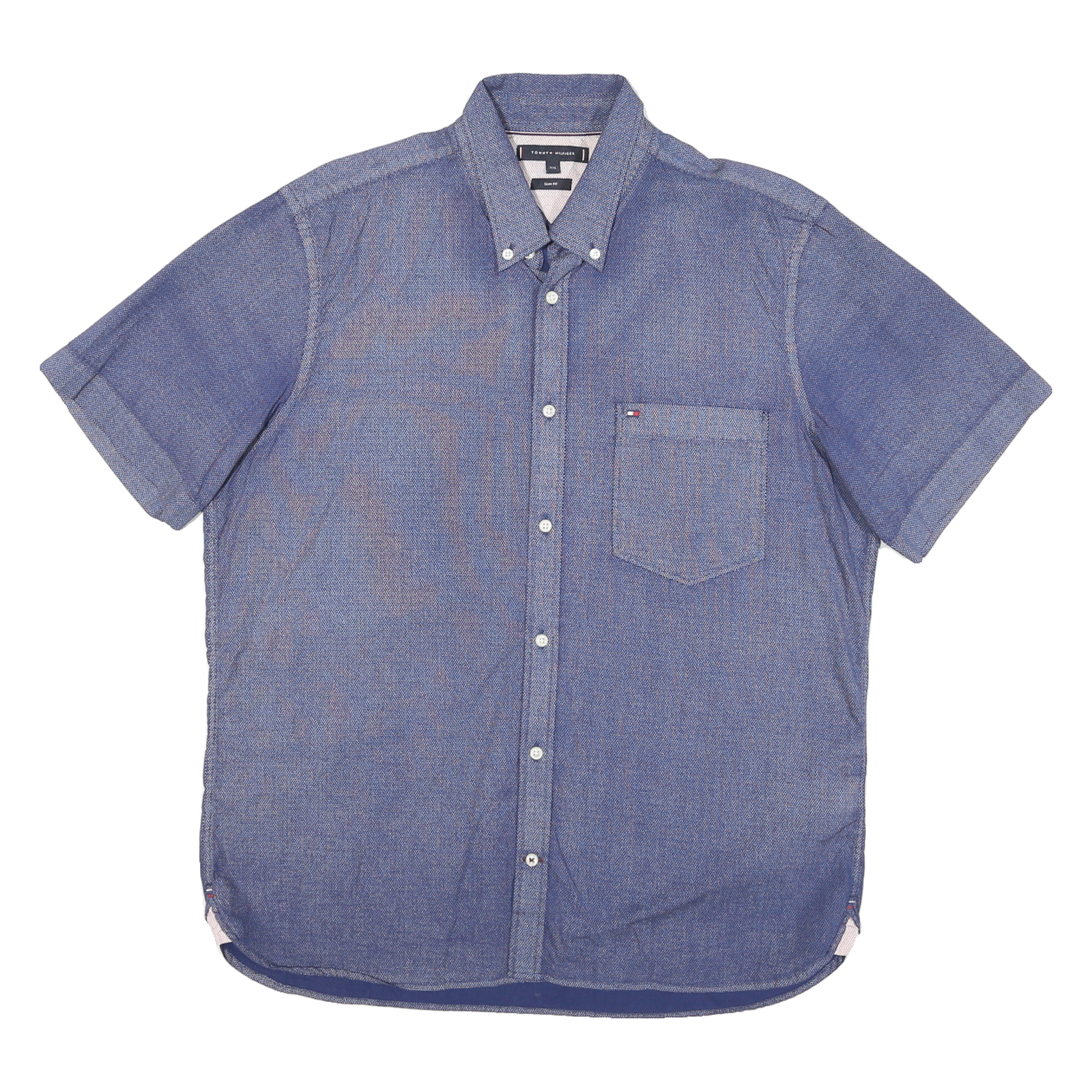 TOMMY HILFIGER Mens Blue Button-Down Short Sleeve Shirt 2XL Casual Cotton Blend