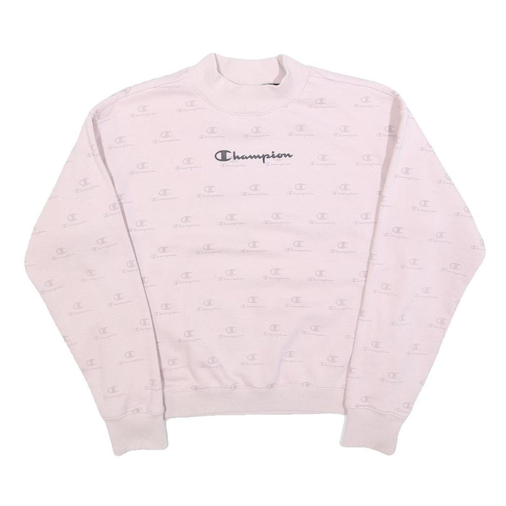 CHAMPION Womens Pink Crew Neck Sweatshirt S Cotton Blend Pullover Logo Print