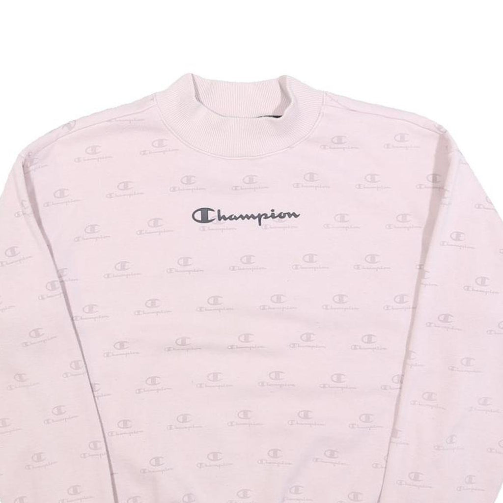 CHAMPION Womens Pink Crew Neck Sweatshirt S Cotton Blend Pullover Logo Print