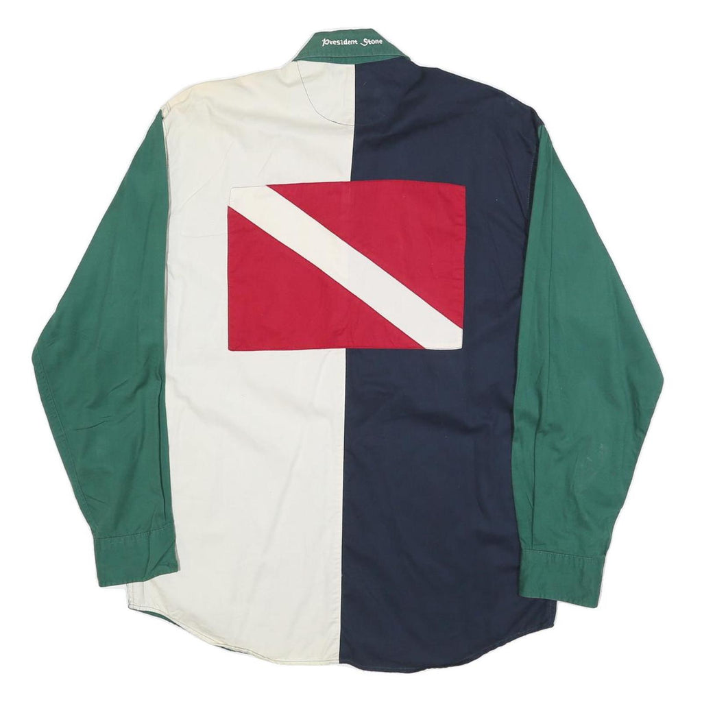 PRESIDENT STONE Mens Green Navy & White Cotton Blend Shirt M Colourblock Long