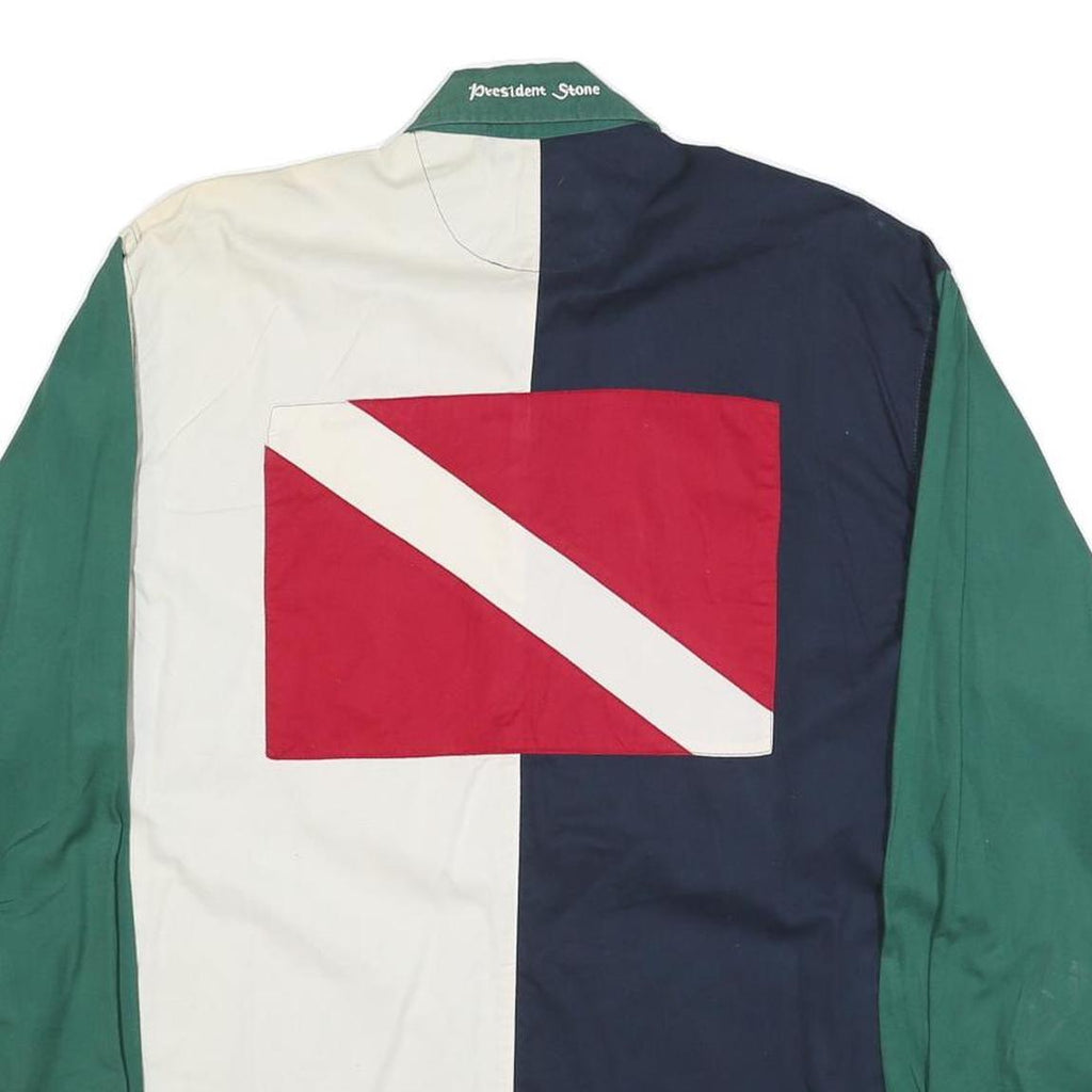 PRESIDENT STONE Mens Green Navy & White Cotton Blend Shirt M Colourblock Long