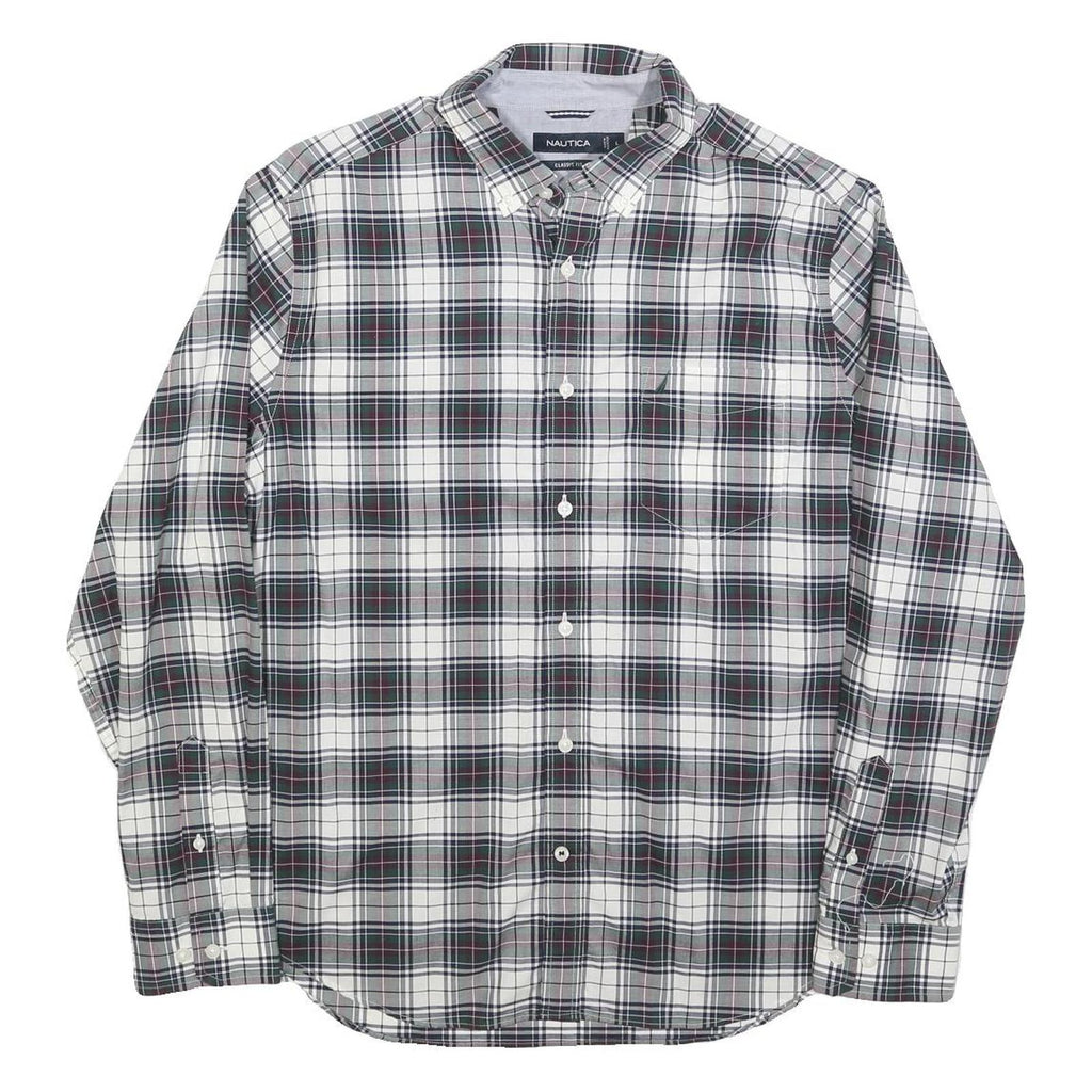 NAUTICA Mens White & Grey Checked Shirt L Classic Fit Cotton Blend Long Sleeve