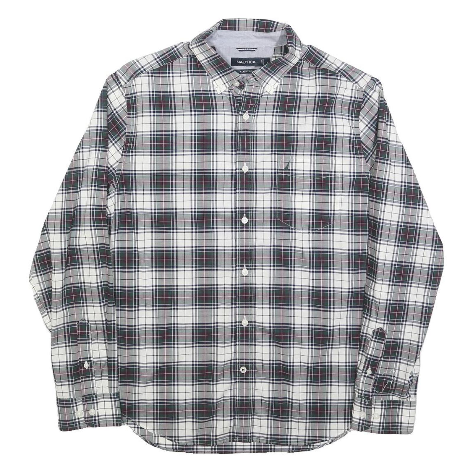 NAUTICA Mens White & Grey Checked Shirt L Classic Fit Cotton Blend Long Sleeve