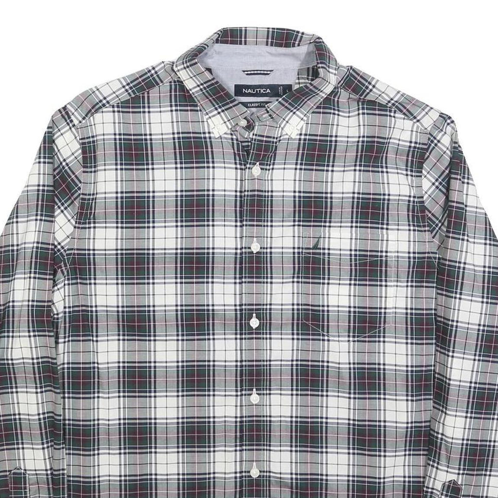 NAUTICA Mens White & Grey Checked Shirt L Classic Fit Cotton Blend Long Sleeve