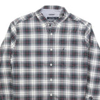 NAUTICA Mens White & Grey Checked Shirt L Classic Fit Cotton Blend Long Sleeve