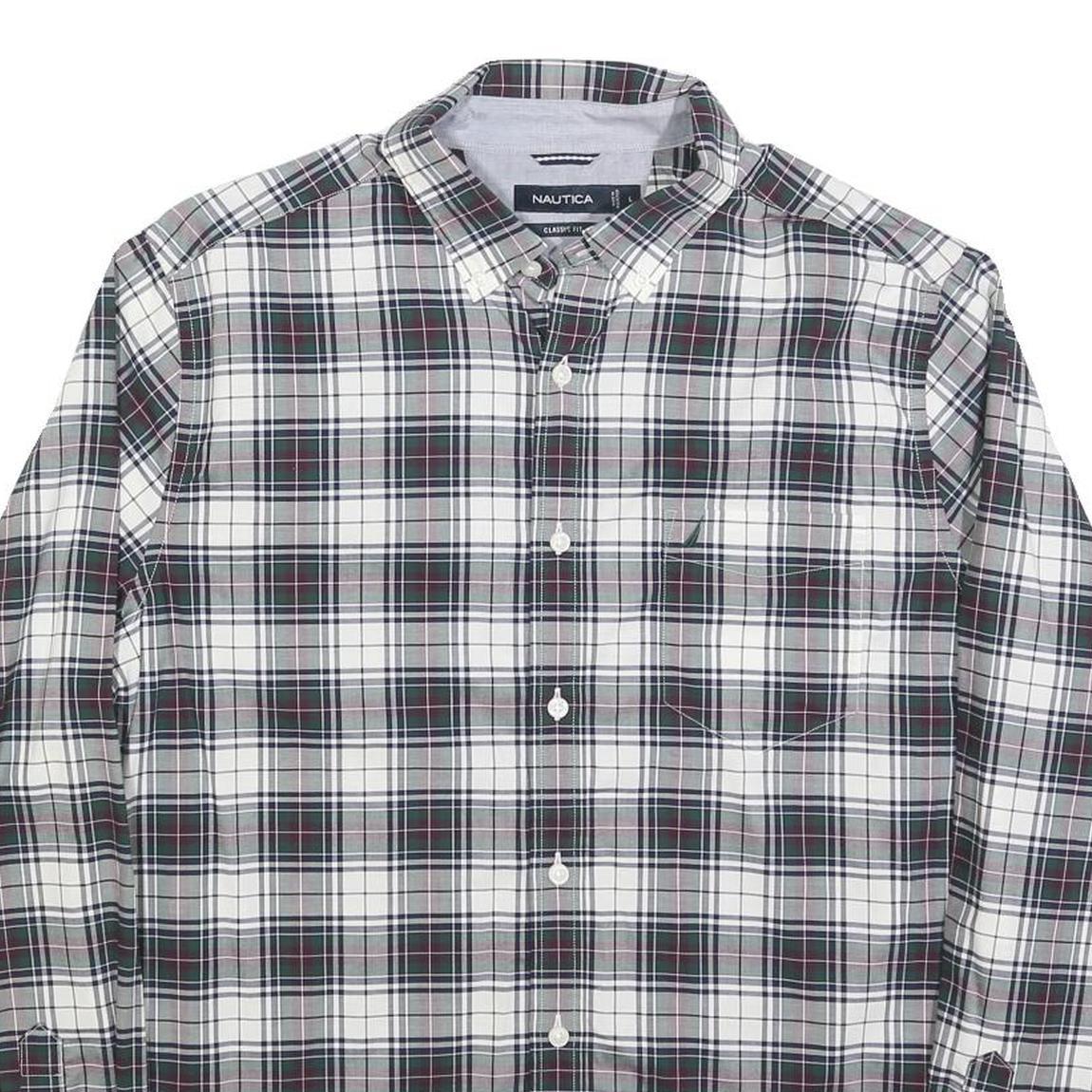 NAUTICA Mens White & Grey Checked Shirt L Classic Fit Cotton Blend Long Sleeve