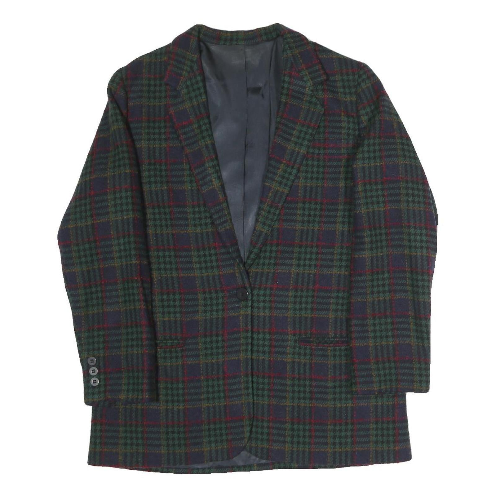 Womens Navy Green Red Pattern Button Jacket L Polyester Blend Classic Tailored
