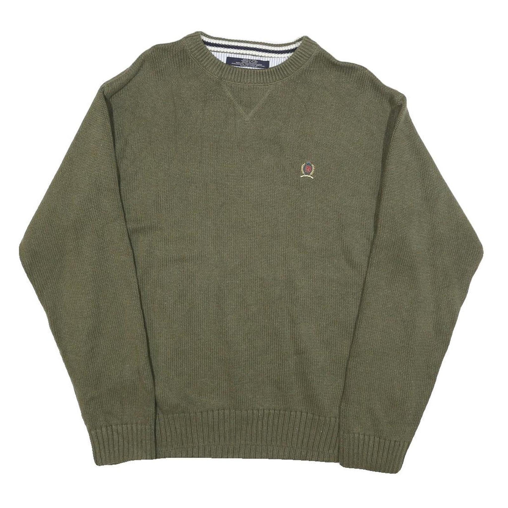 TOMMY HILFIGER Mens Green Plain Crew Neck Basic Knit Jumper L Cotton Blend