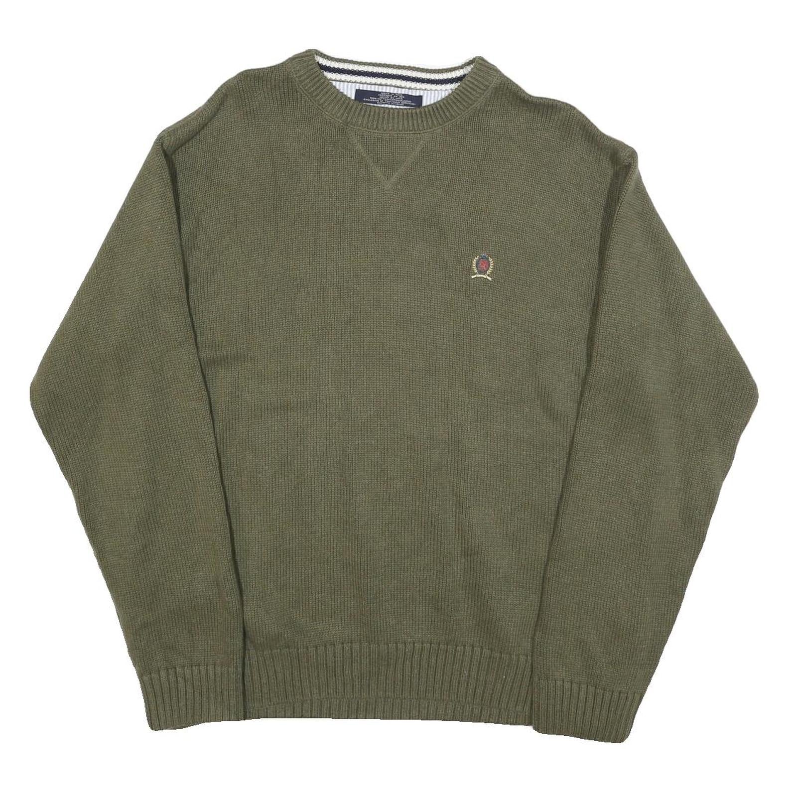 TOMMY HILFIGER Mens Green Plain Crew Neck Basic Knit Jumper L Cotton Blend