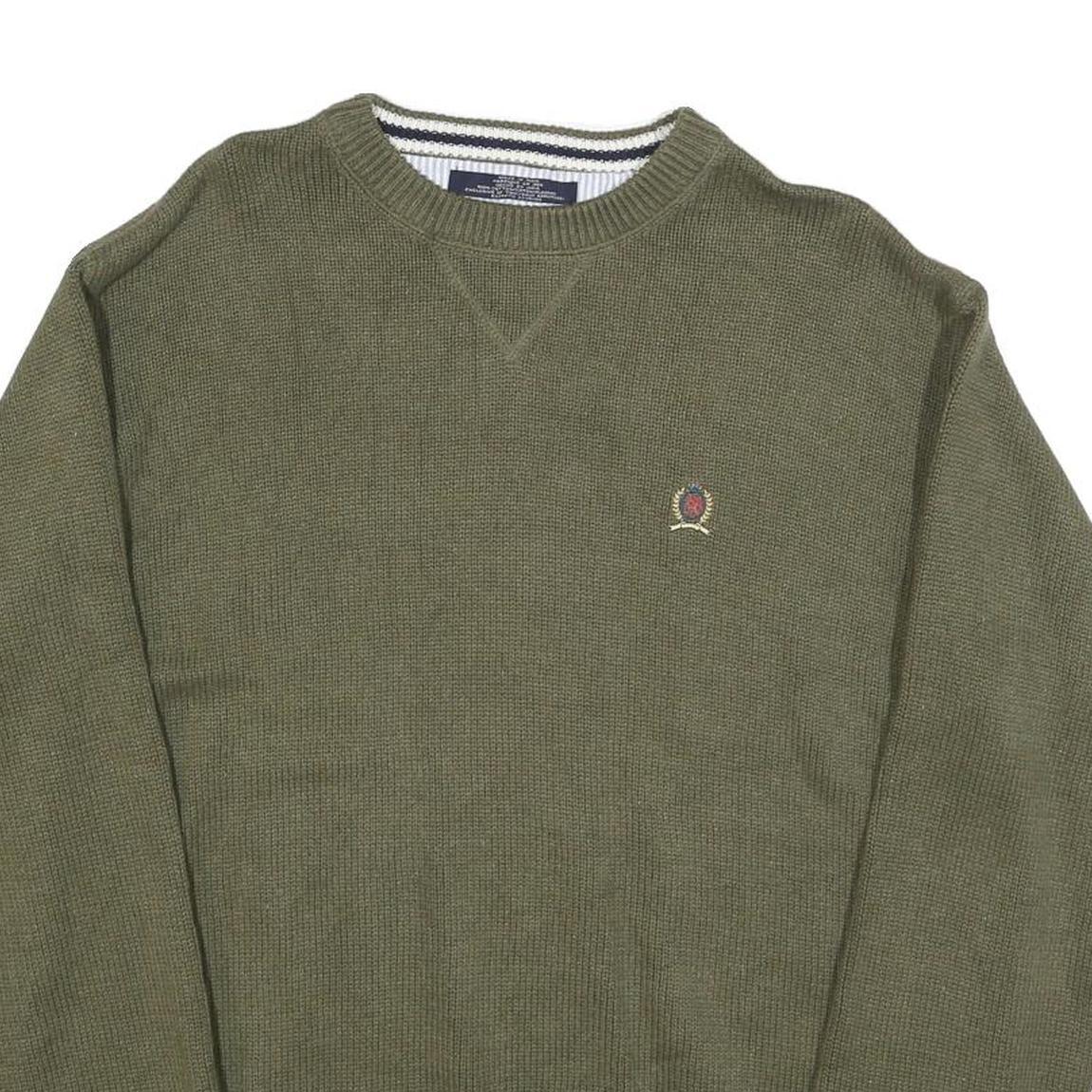 TOMMY HILFIGER Mens Green Plain Crew Neck Basic Knit Jumper L Cotton Blend