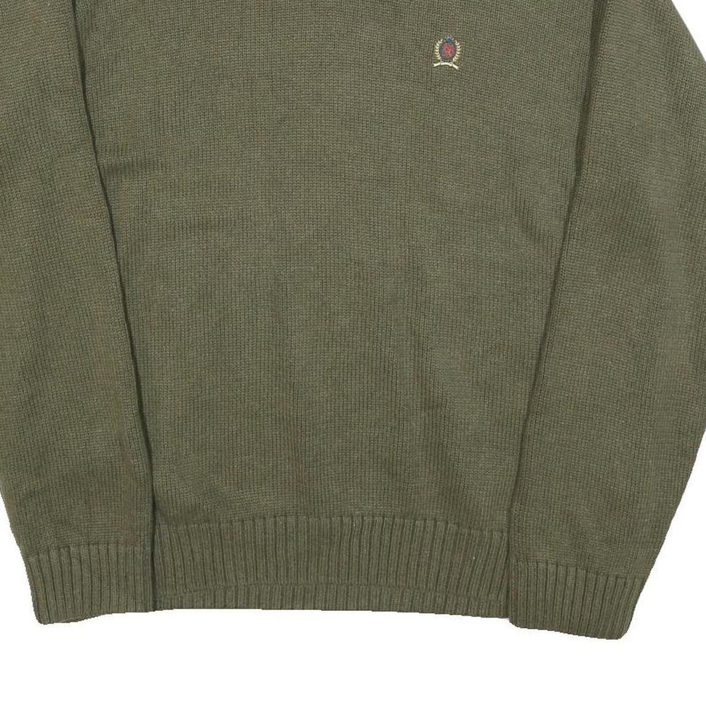 TOMMY HILFIGER Mens Green Plain Crew Neck Basic Knit Jumper L Cotton Blend