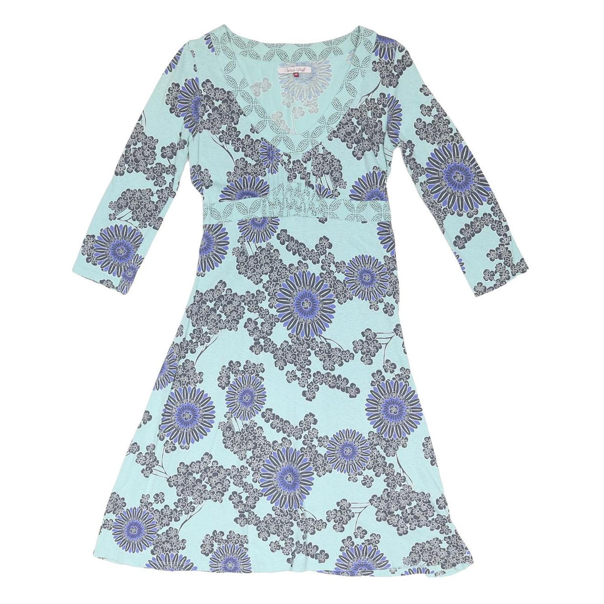 WEIRD FISH Womens Blue Floral Cotton Blend Day Dress UK 10 V-Neck 3/4 Sleeve