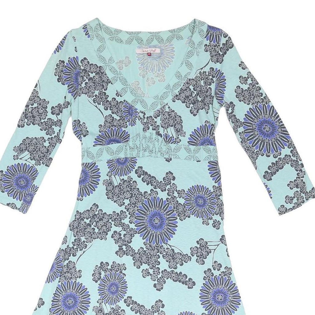 WEIRD FISH Womens Blue Floral Cotton Blend Day Dress UK 10 V-Neck 3/4 Sleeve