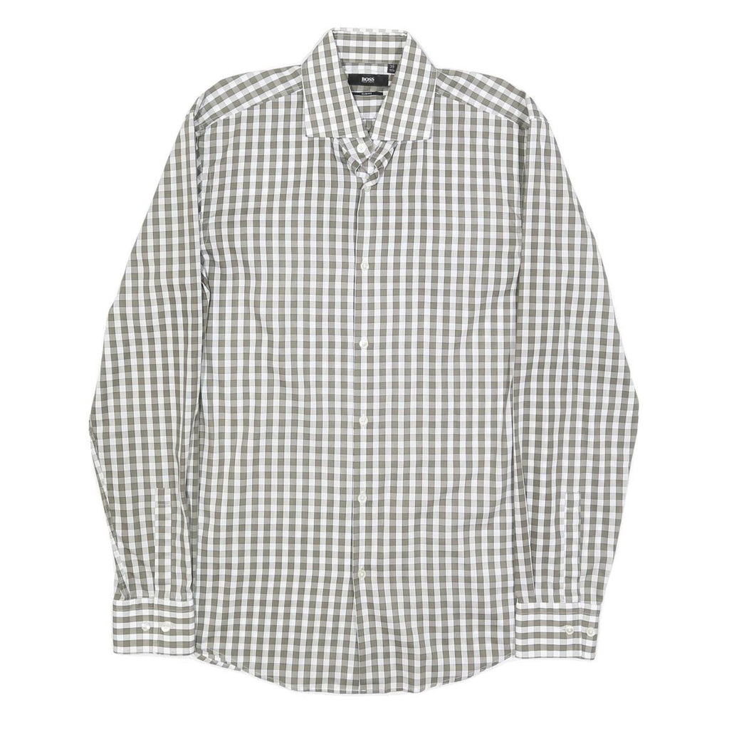 BOSS HUGO BOSS Mens Green & White Check Shirt M Cotton Classic Smart