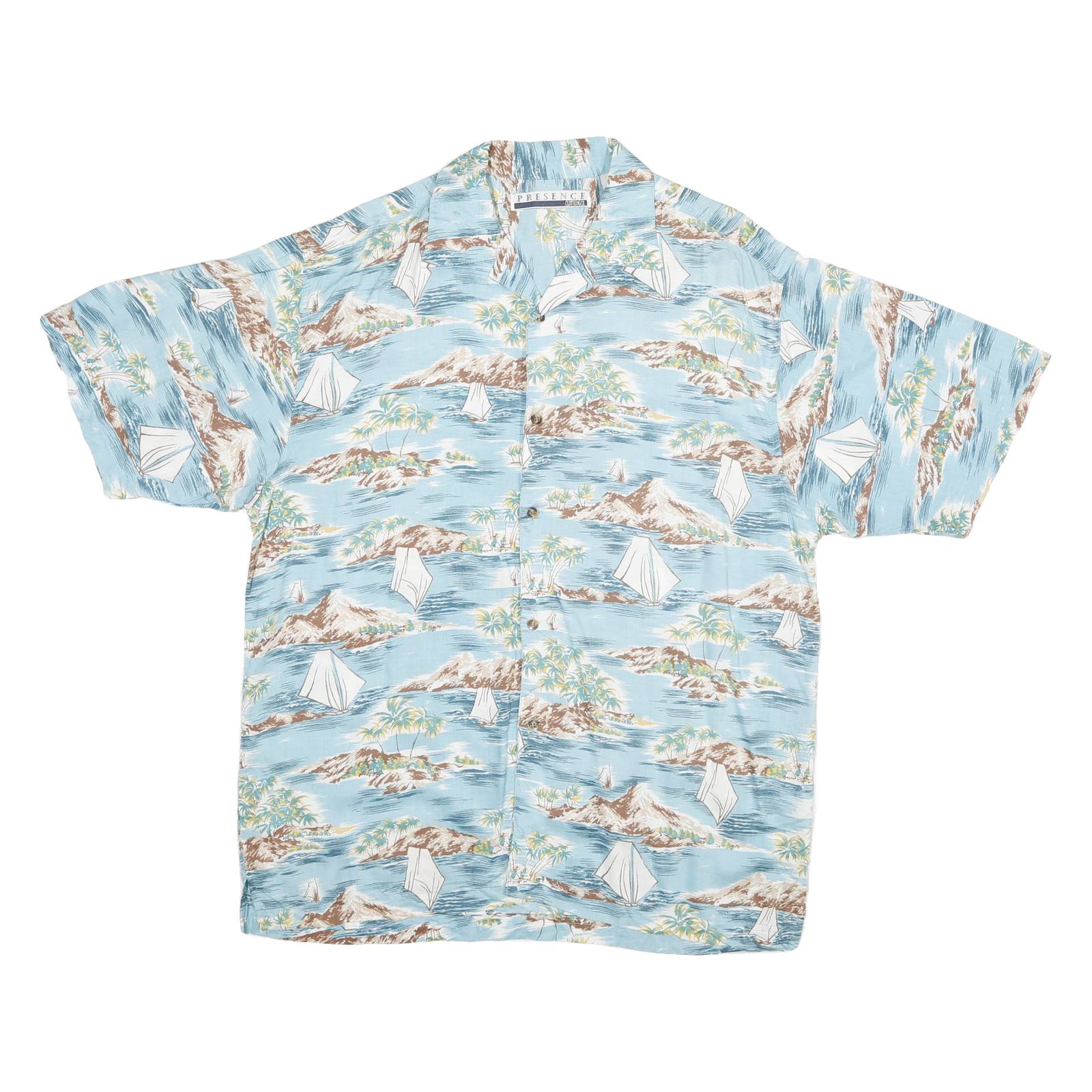 PRESENCE Mens Blue Rayon Island Print Shirt M Summer Casual Button Up