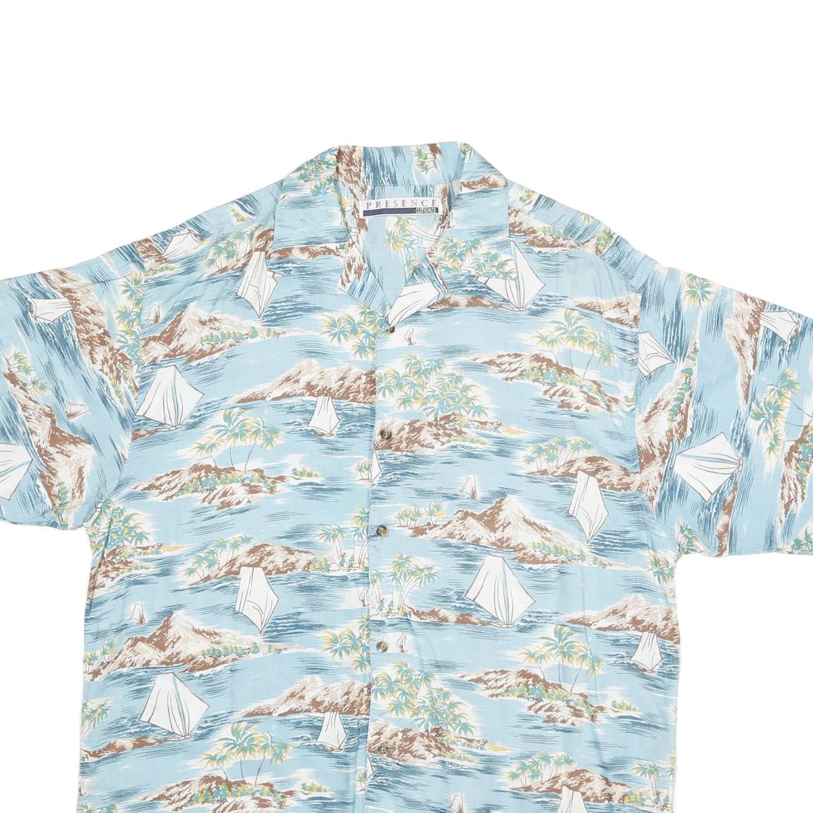 PRESENCE Mens Blue Rayon Island Print Shirt M Summer Casual Button Up
