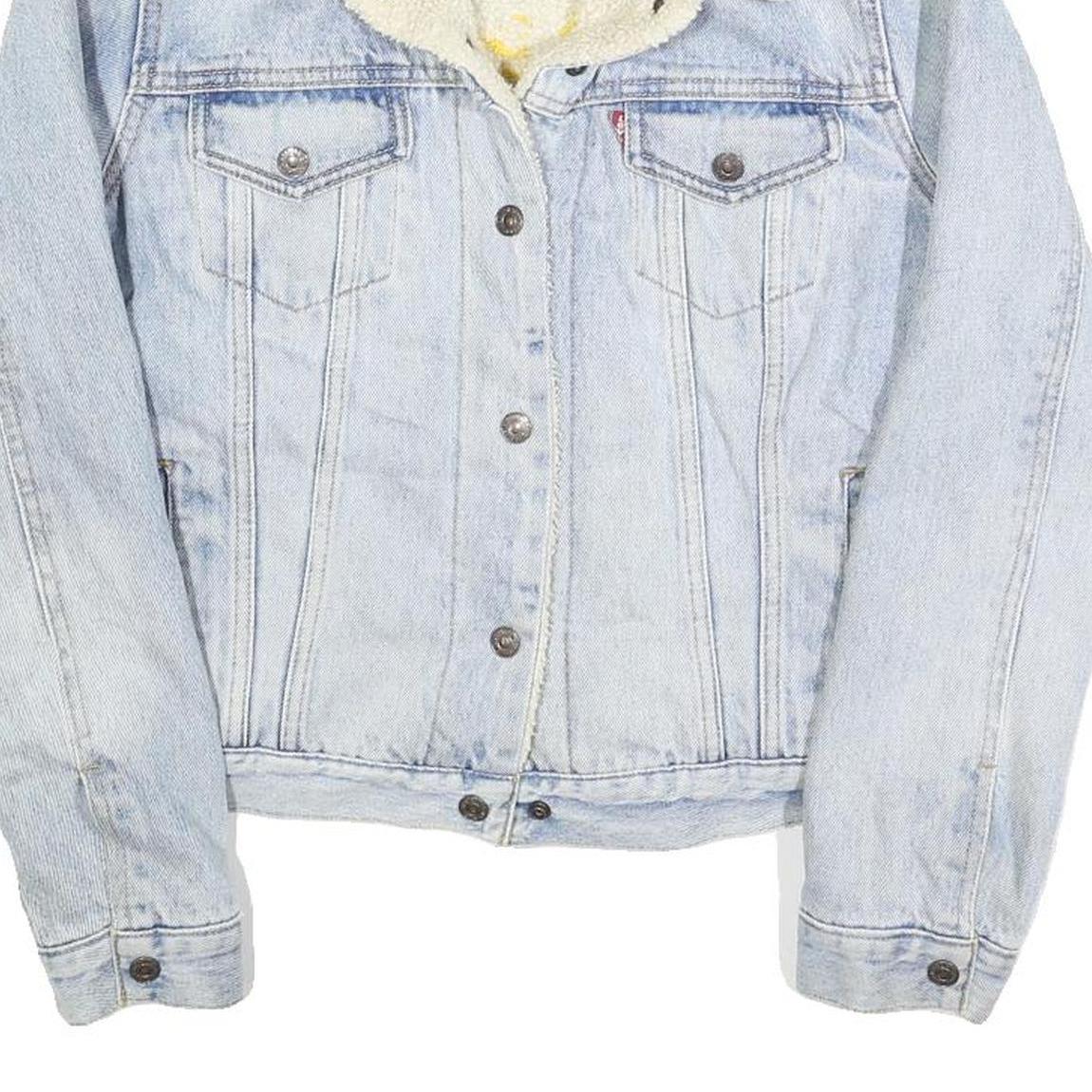 LEVI'S Womens Blue Denim Sherpa Collar Button Jacket M Cotton Embroidered