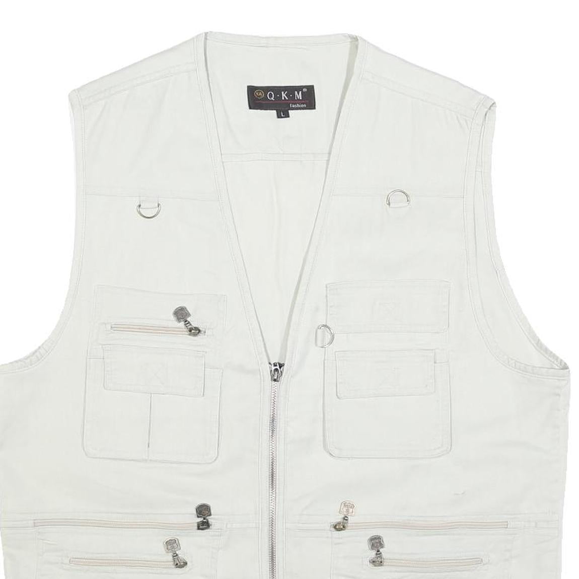 QKM Mens White Cotton Blend Utility Jacket L Multi Pocket Zip Casual