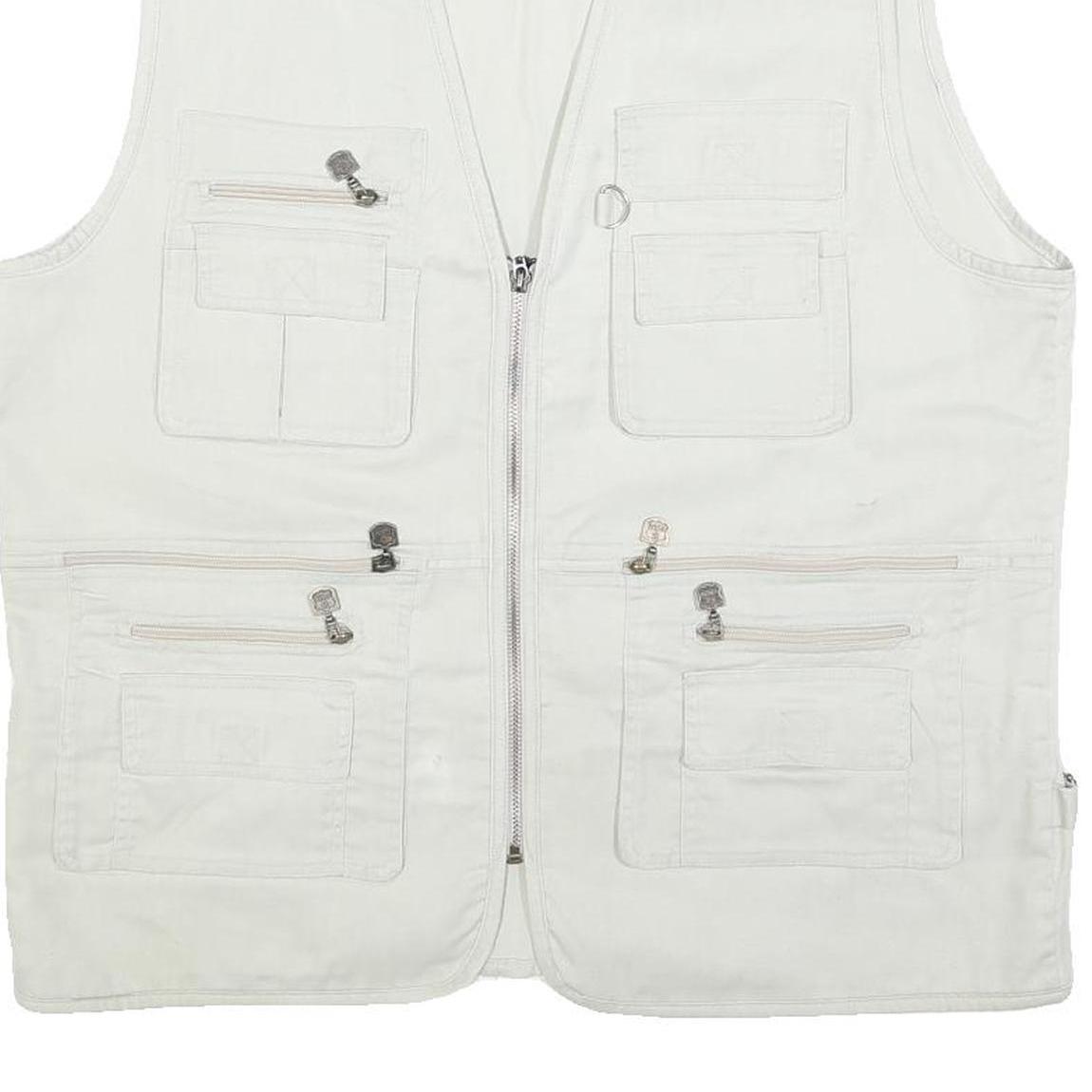 QKM Mens White Cotton Blend Utility Jacket L Multi Pocket Zip Casual