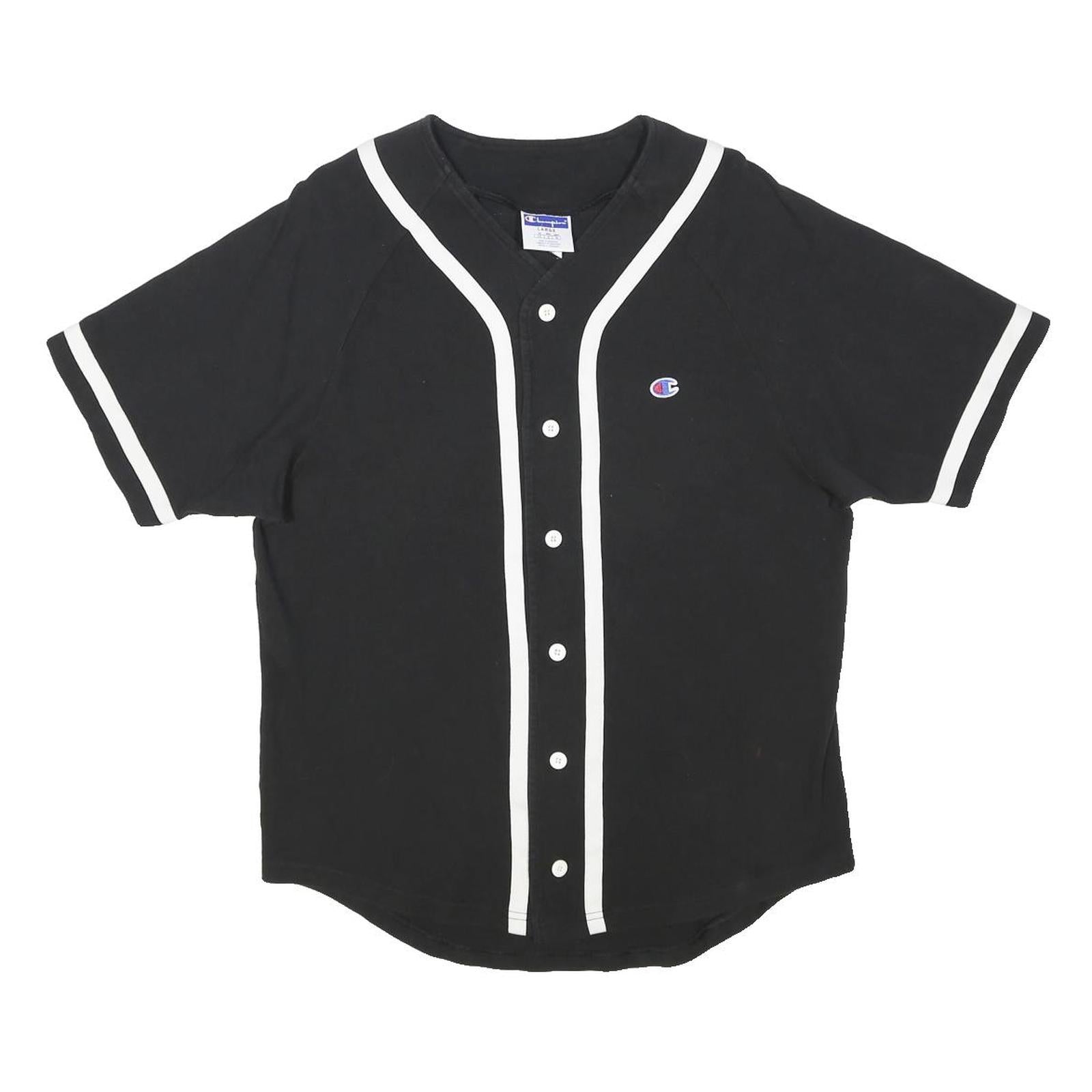 CHAMPION Mens Black & White Classic Baseball Style L Short Sleeve Button Neck