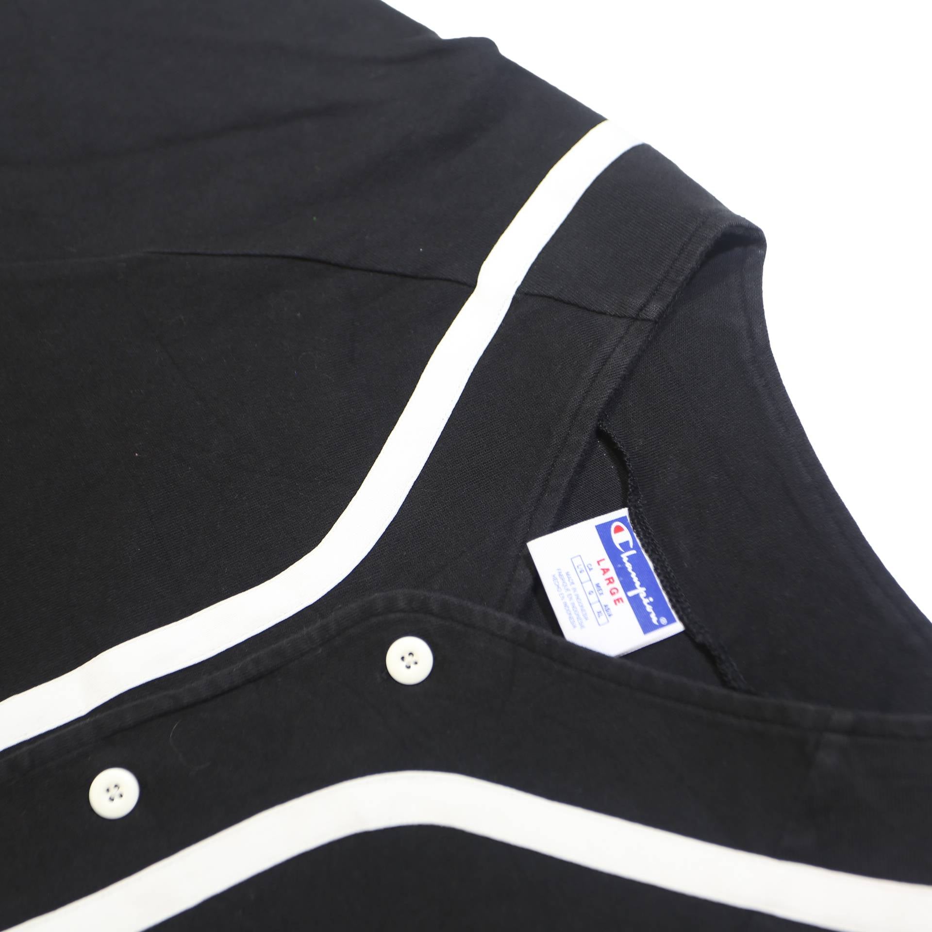 CHAMPION Mens Black & White Classic Baseball Style L Short Sleeve Button Neck