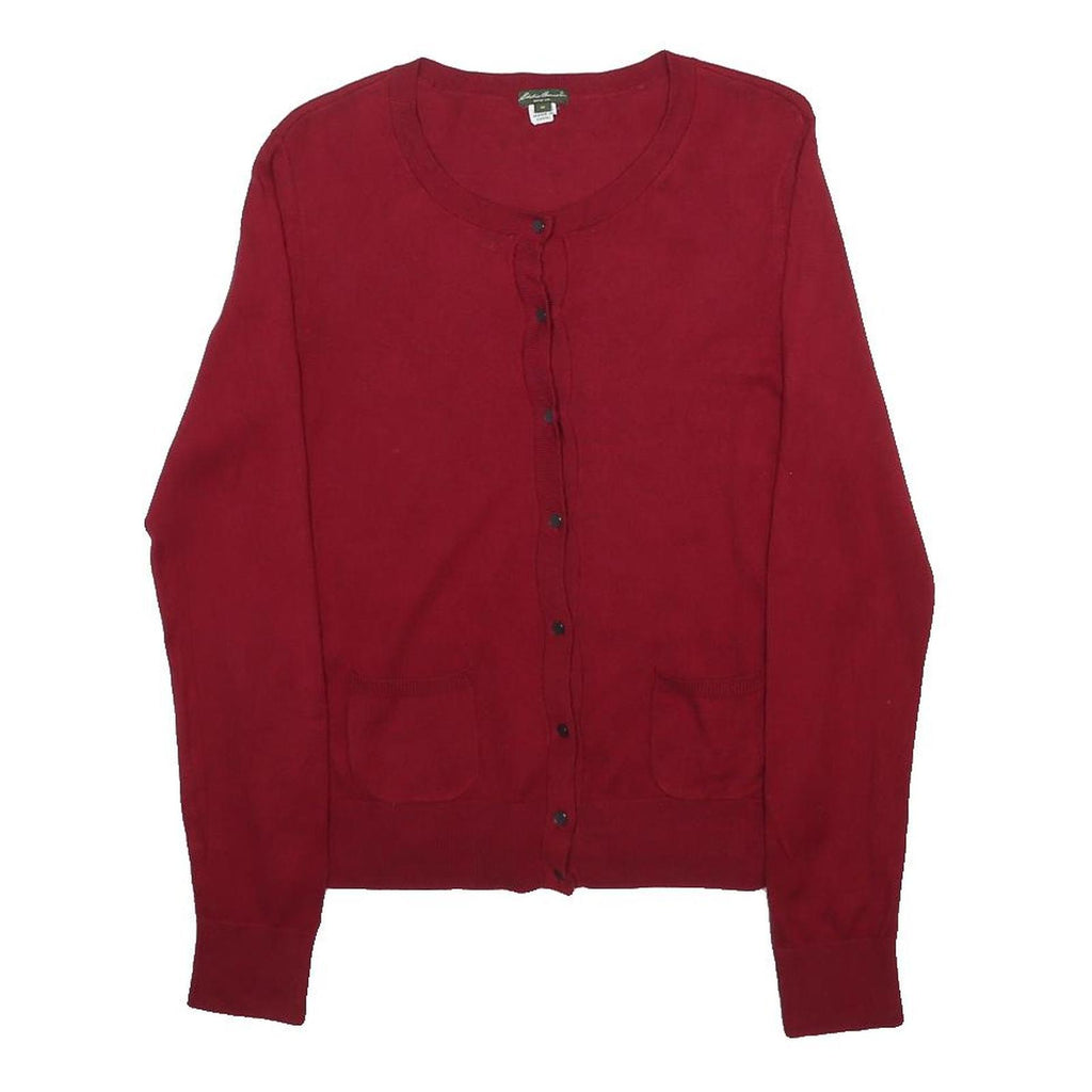 EDDIE BAUER Womens Red Cotton Blend Plain Crew Neck Basic Knit M Cardigan Button