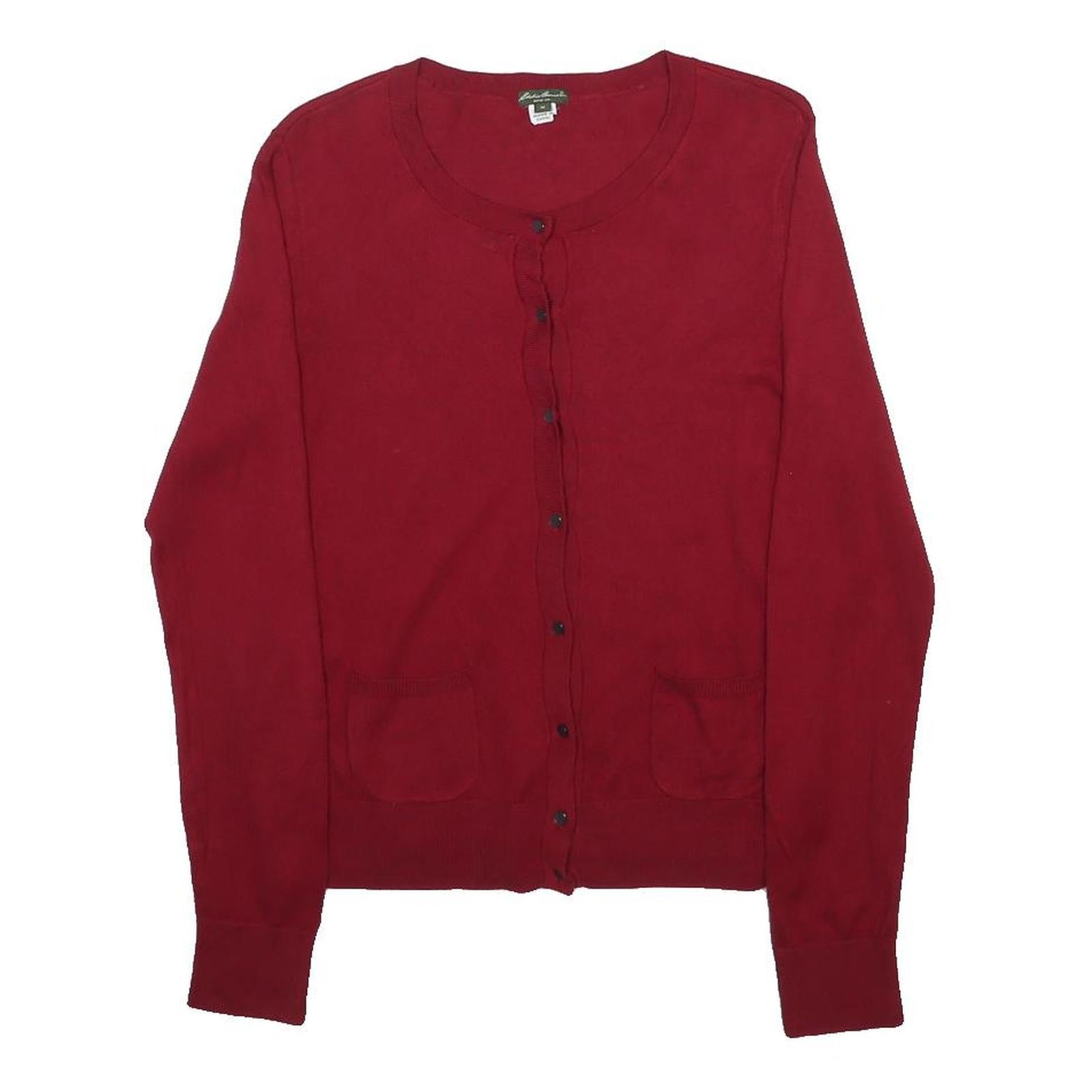 EDDIE BAUER Womens Red Cotton Blend Plain Crew Neck Basic Knit M Cardigan Button